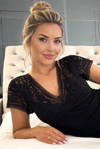 Cămașă de noapte Elena Donna din vâscoză cu dantelă, elegantă, moale, decolteu în V, neagră