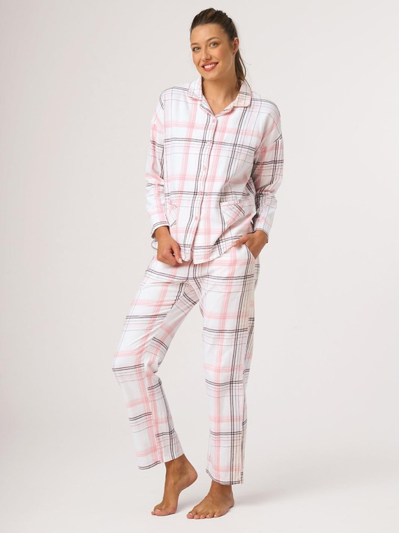 Pijamale damă din flanel Key LNS 415 B26 albă în carouri, 100% bumbac