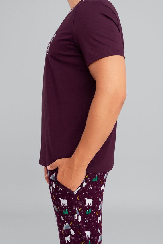 Manfred Pijama cu mânecă scurtă pentru bărbați, pantaloni lungi Italian Fashion- burgundy/print burgundy