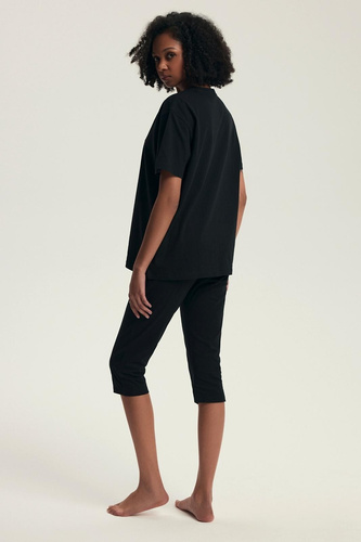 Set pijamale damă 43728 Dairoku negru - bumbac, mâneci scurte, pantaloni capri