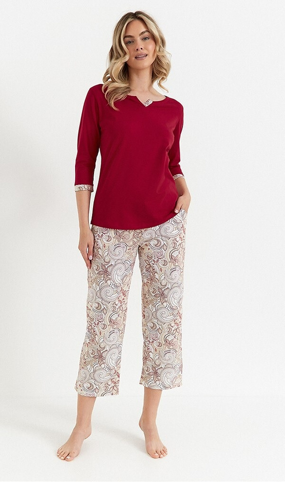 487 Pijamale Cana dama, rosu, maneci 3/4, pantaloni bumbac 7/8