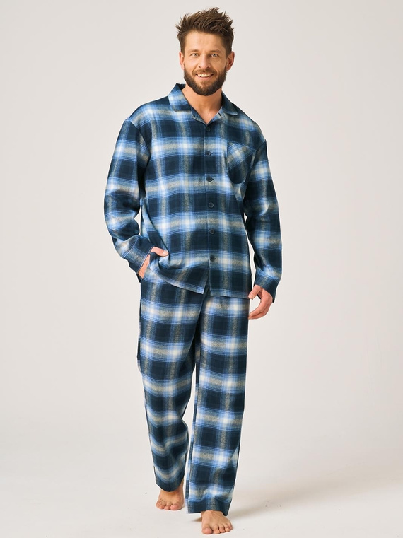 Pijamale bărbați Key MNS 432 jeans din flanel 100% bumbac, lungi cu nasturi