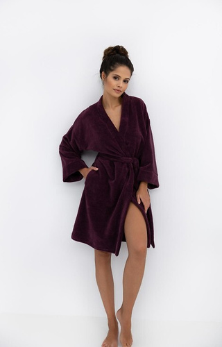 Halat de damă Indigo Sensis Burgundy - tricotaj moale, guler kimono, buzunare
