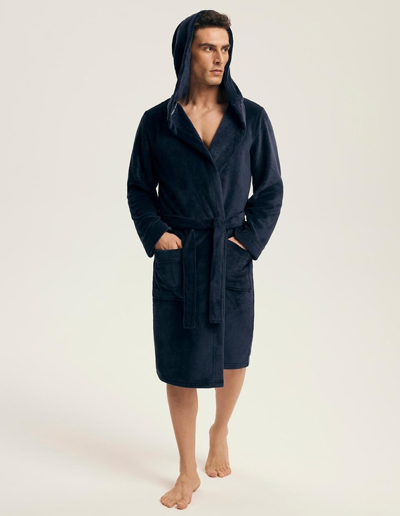 Halat de baie bărbătesc Henderson 43374 Naps bleumarin - glugă, tricotaj călduros, confort și eleganță