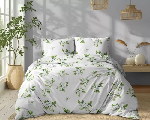 Set de lenjerie de pat 5766 B Cotton Bloom Detexpol din bumbac, alb cu flori albe și frunze verzi – 100% bumbac, față-verso, producție poloneză