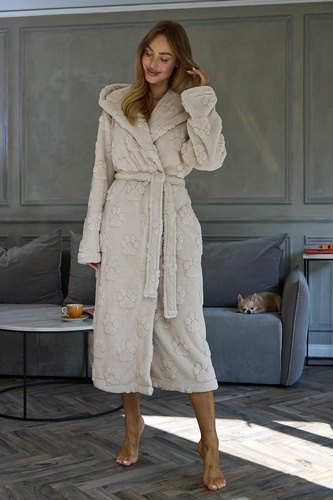 L&L Fibi 2635 Halat de damă lung cu glugă, moale, model lăbuțe de câine - angora