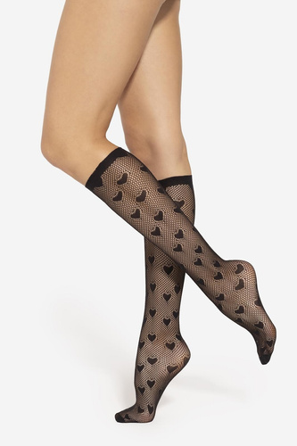 Șosete până la genunchi Yasmine 01 Gatta – negre, ajurate cu inimioare
