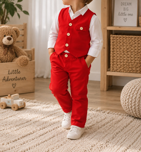 Mamatti KC014 roșu costum băieți din bumbac vestă și pantaloni cu nasturi