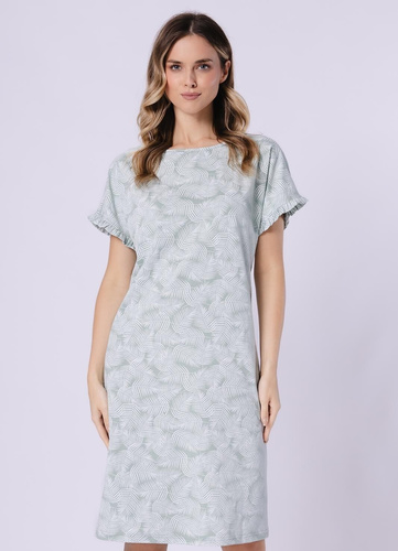 Cămașă de noapte damă Elif 1728 Leveza – 100% bumbac, mânecă scurtă cu volănaș, imprimeu floral, cămașă de noapte lejeră până la genunchi