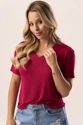 Bluză Serina Burgundy Babell – viscoză, mâneci scurte, decolteu în V | elegant și confortabil