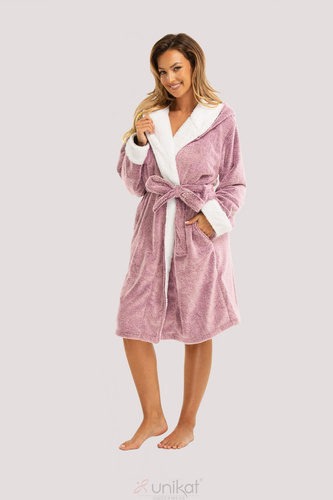 Halat de baie pentru femei Sharon Unikat - roz, moale, cu glugă și curea, moale și ușor