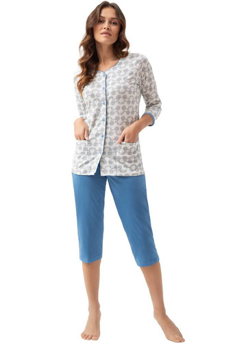 668 Luna pijamale dama cu fermoar - alb si albastru cu flori