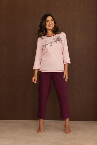Pijamale damă Regina 4015 100% bumbac mânecă și pantaloni 7/8 grafică - roz