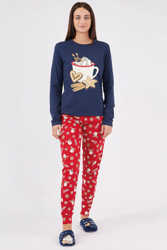 Natalie Sorbetto bleumarin – pijama lungă de Crăciun din bumbac pentru femei cu fulgi de nea