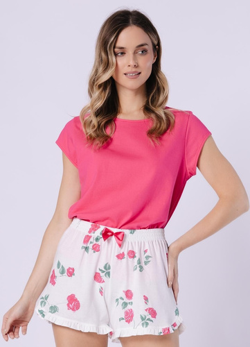 Pijama Damă 1724 Valencja Leveza – Pijama Premium din Bumbac cu Mâneci Scurte, Șorturi Imprimate, Fundă Satinată și Volane Decorative