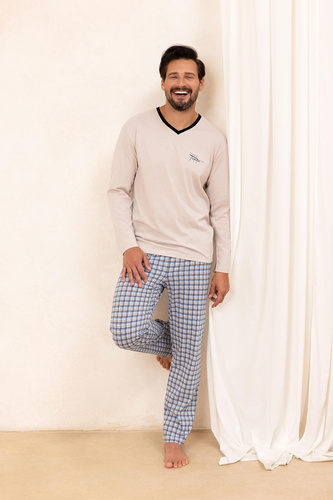 Pijamale bărbați Regina 491 bej - bumbac, mâneci lungi, confortabile și clasice