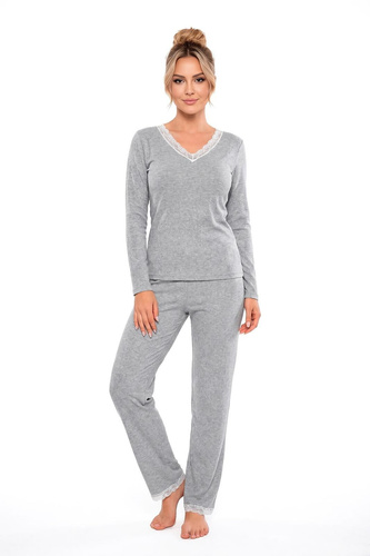 Donna Megi Long pijama damă gri, mânecă lungă și pantaloni, dantelă