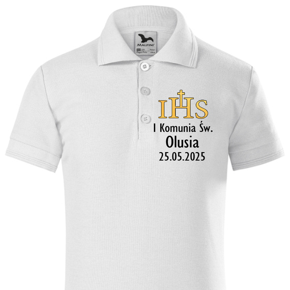 „Prima Împărtășanie cu nume și data” Tricou polo cu mânecă scurtă Moocha, alb