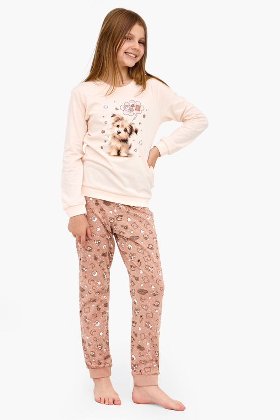 592/193 Sweet Dog Cornette – pijamale ecru pentru fete, 100% bumbac, câine