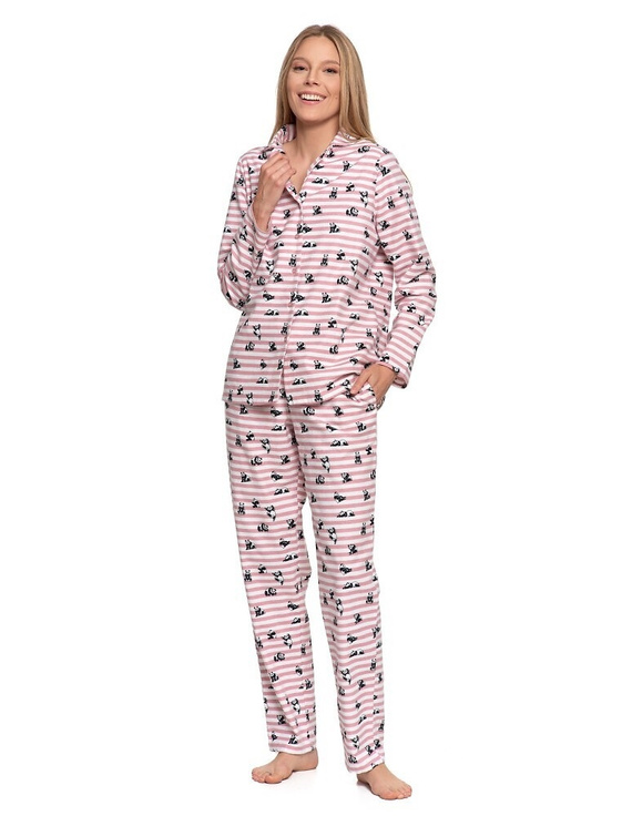 Pijamale pentru femei Moraj PDD6300-002 roz - flanel de bumbac, cu dungi și motiv panda