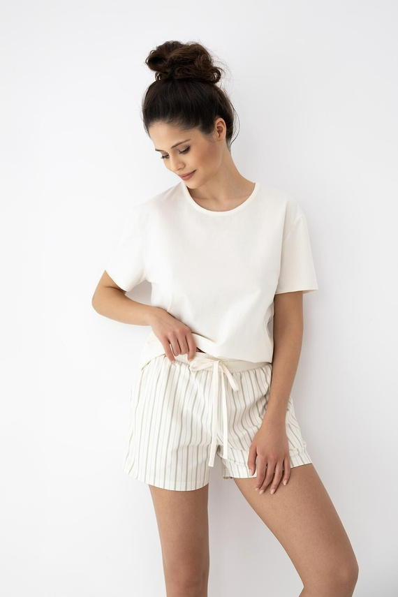 Pijama damă Jemma Sensis ecru/bej, bumbac, mânecă scurtă, dungi