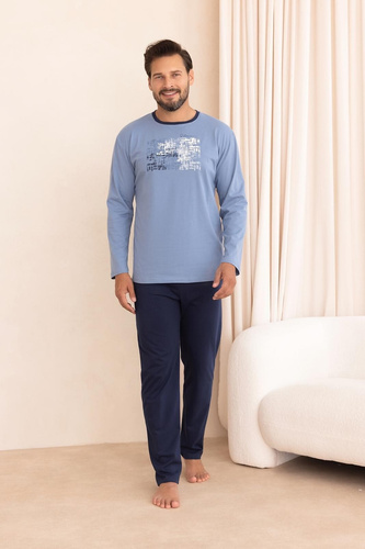 Pijamale bărbați Regina 6008 100% bumbac mânecă lungă pantaloni lungi albastru