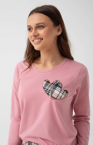 322 Luna roz – pijamale de damă din bumbac, inimioare, mâneci lungi, pantaloni în carouri