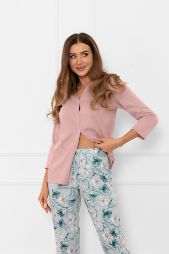 Pijama pentru femei Sekwoja - bumbac, mânecă 3/4 și pantaloni, cu nasturi Italian Fashion  