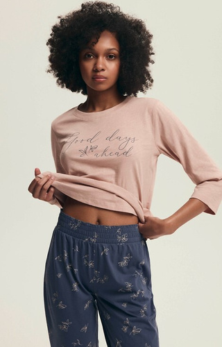 Pijamale Delanie Henderson roz din bumbac pentru femei, cu mâneci 3/4 și pantaloni Capri