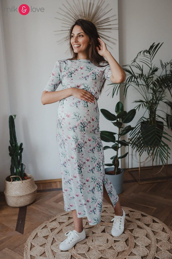 Sukienka ciążowa i do karmienia Two Ways LONG Milk&Love miętowa w magnolie i ptaki