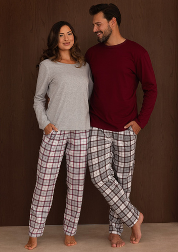 Pijamale bărbați Regina 6006 100% bumbac Pantaloni lungi în carouri - bordo
