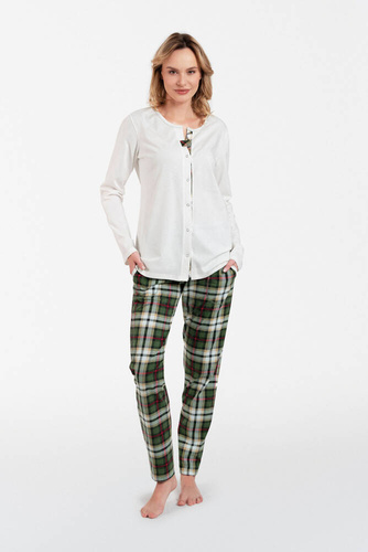 Asama Pijama de damă descheiată cu mânecă lungă, pantaloni lungi Italian Fashion - ecru/print