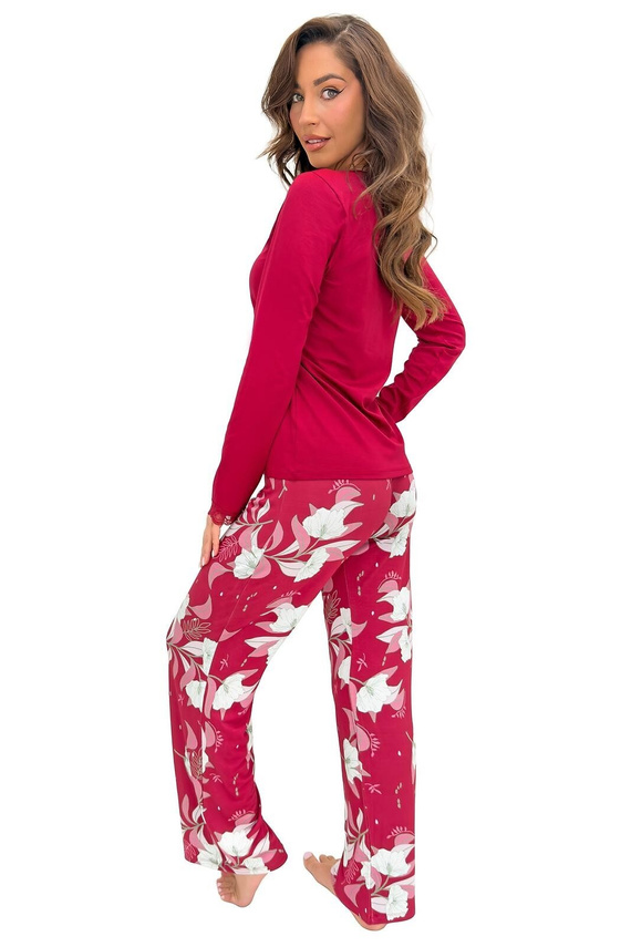 Pijamale damă Donna Brigitte Long bordo, vâscoză, dantelă, mânecă lungă