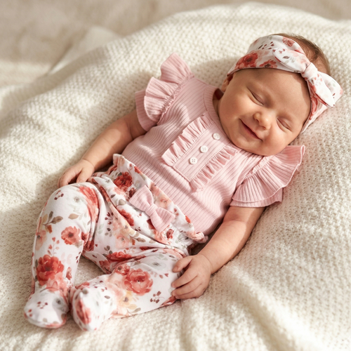 ABK-0056 Set pentru bebeluși NINI Roses din bumbac organic Body, bentita, pantaloni scurți