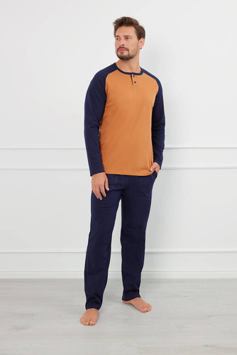 Alexander Pijamale bărbați cu mânecă lungă, pantaloni lungi Italian Fashion - cognac/grenade