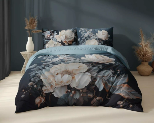 Set de lenjerie de pat 5131 A Holland Detexpol din bumbac, închis la culoare cu bujori bej și crem – 100% bumbac, față-verso, producție poloneză