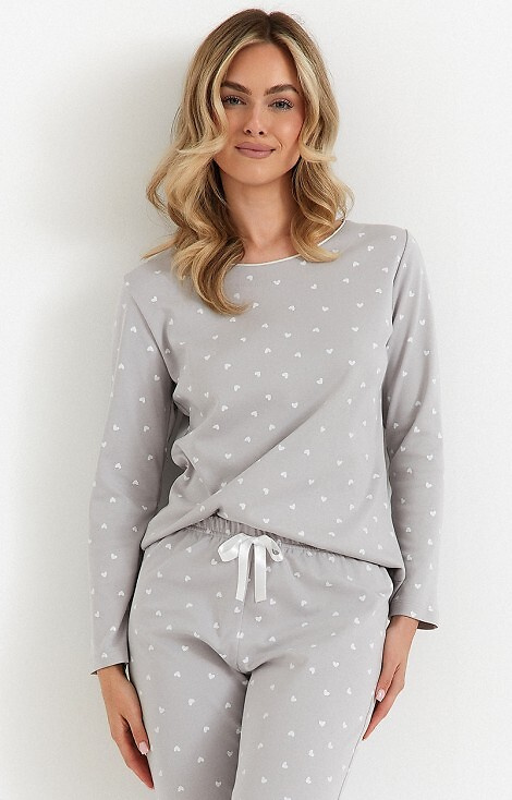 494 Pijamale Cana de dama, gri - bumbac interlock, inimioare, maneci lungi