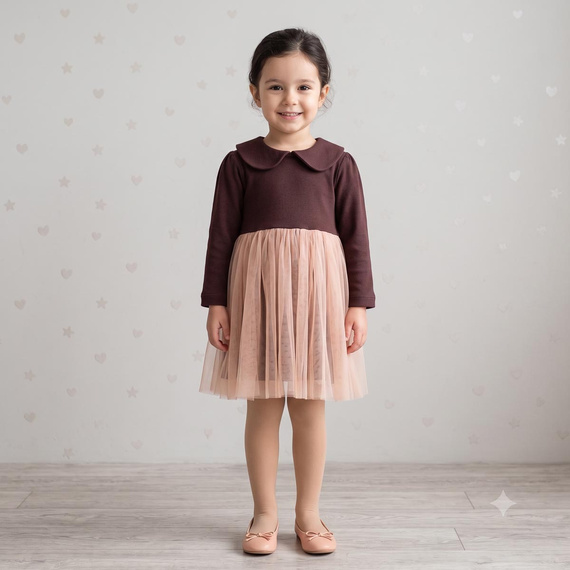 226167 Nicol HANIA Rochie cu tulle bej-maro mânecă lungă pentru fete