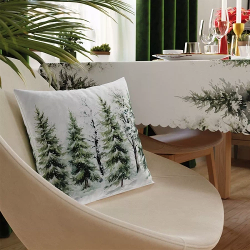 Față de pernă de Crăciun Winter Forest, catifea verde, Marquisette – decorativă, elegantă, producție poloneză