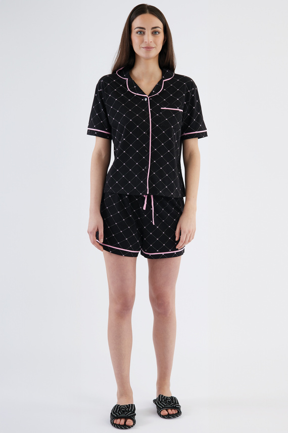 Pijamale dama Coraline Sorbetto, negru - top camasa, pantaloni scurti, 100% bumbac