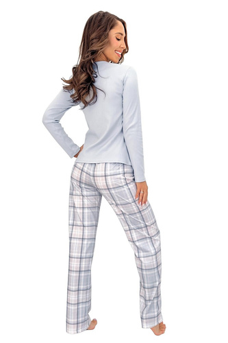 Donna Dani Long pijama damă gri din bumbac cu dungi, pantaloni în carouri