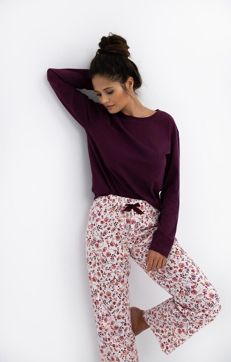 Pijamale pentru femei Heidi Sensis – 100% bumbac, tricou vișiniu, pantaloni cu imprimeu floral