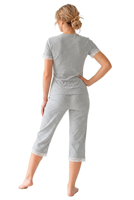 Donna Megi pijama damă din material reiat 3/4 gri cu dantelă și fundiță