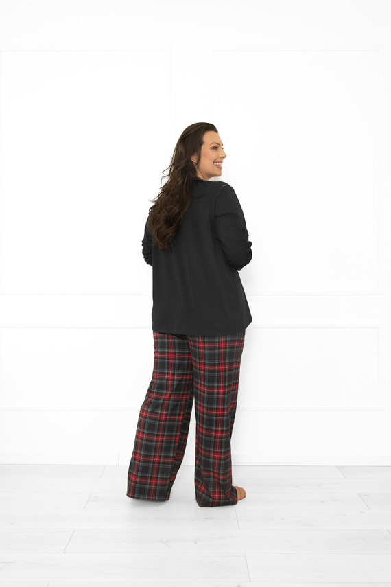 Pijama pentru femei Italian Fashion din bumbac melange închis, cu mânecă lungă și pantaloni, în carouri 