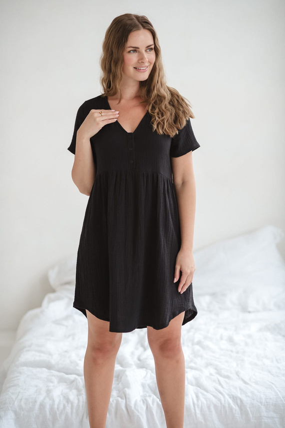 Cămașă de noapte de maternitate și alăptare Aurora de muselină Milk&Love neagră