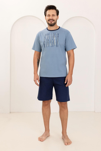 Pijama Bărbați 500 Regina – 100% Bumbac Natural, Tricou cu Mânecă Scurtă și Pantaloni Scurți pentru Confort Maxim