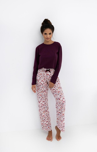 Pijamale pentru femei Heidi Sensis – 100% bumbac, tricou vișiniu, pantaloni cu imprimeu floral