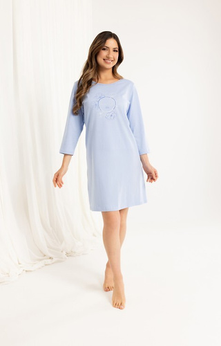163 Cămașă de noapte din bumbac Regina, albastră – mâneci 3/4, imprimeu, deasupra genunchiului