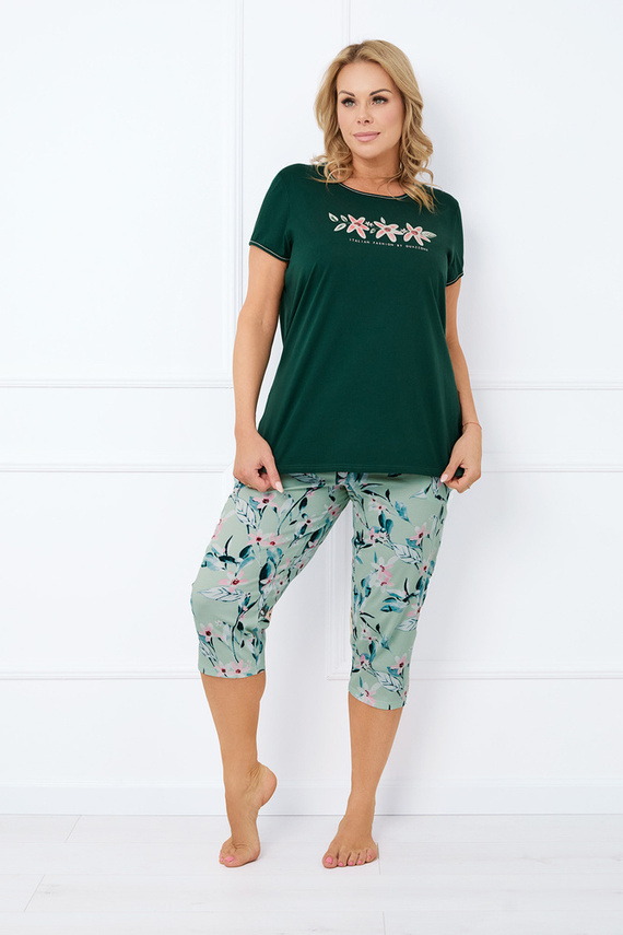 Florisa Pijama cu mânecă scurtă pentru femei, pantaloni 3/4 Italian Fashion - verde închis/print