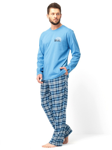 Pijamale bărbați MNS 626 Key blue - mâneci lungi, pantaloni din bumbac flanel